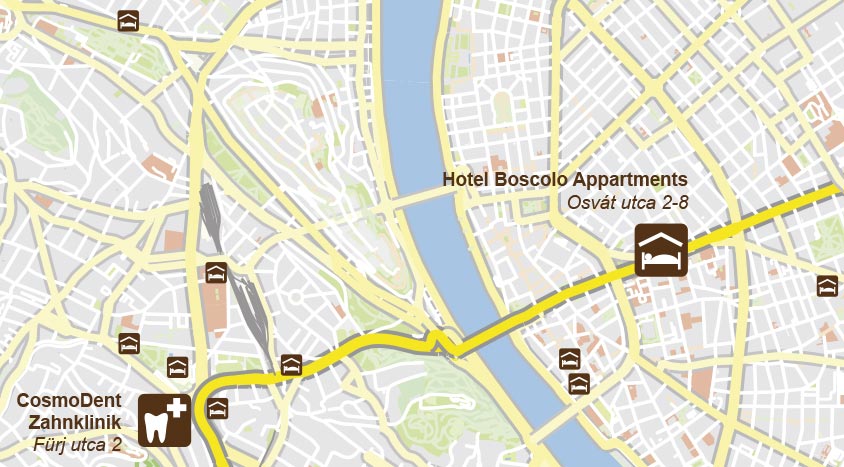 Karte: Entfernung Boscolo Appartements zur Zahnklinik CosmoDent in Budapest