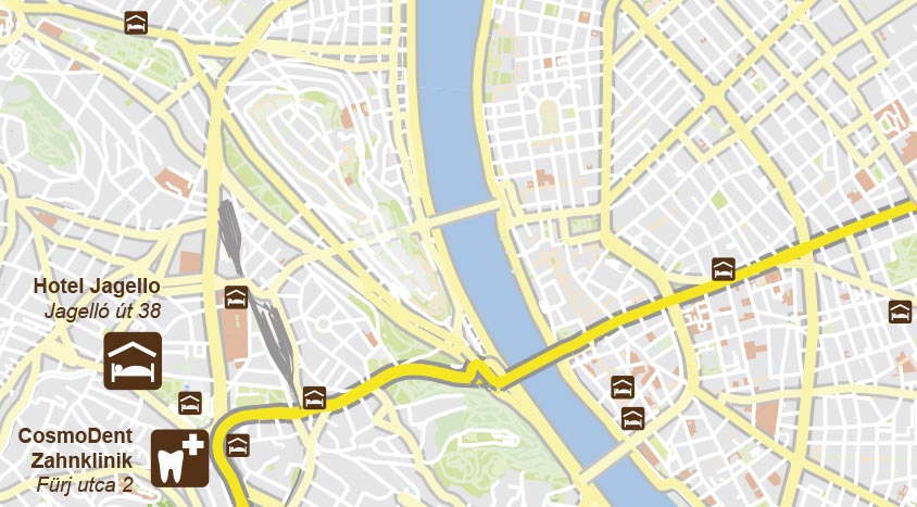 Karte: Entfernung Hotel Jagello zur Zahnklinik CosmoDent in Budapest