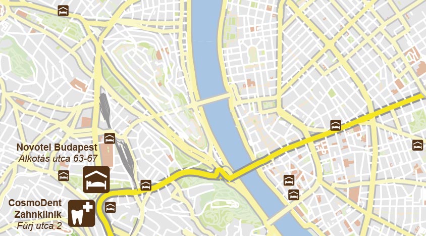 Karte: Entfernung Novotel Budapest zur Zahnklinik CosmoDent in Budapest